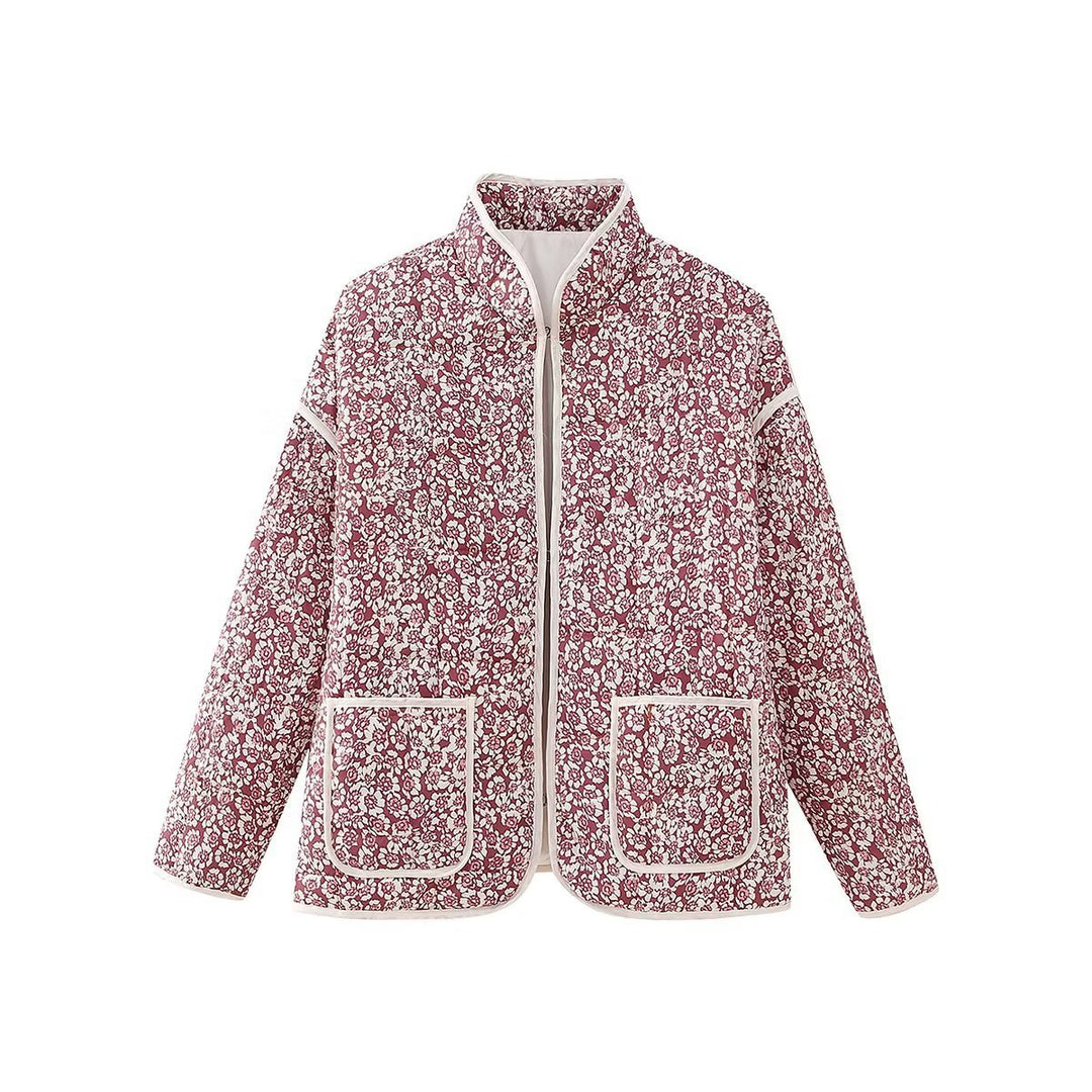 Women's nan quilted stand-up collar jacket with floral vertical print, patch pockets, and contrasting piping Mune Fashion