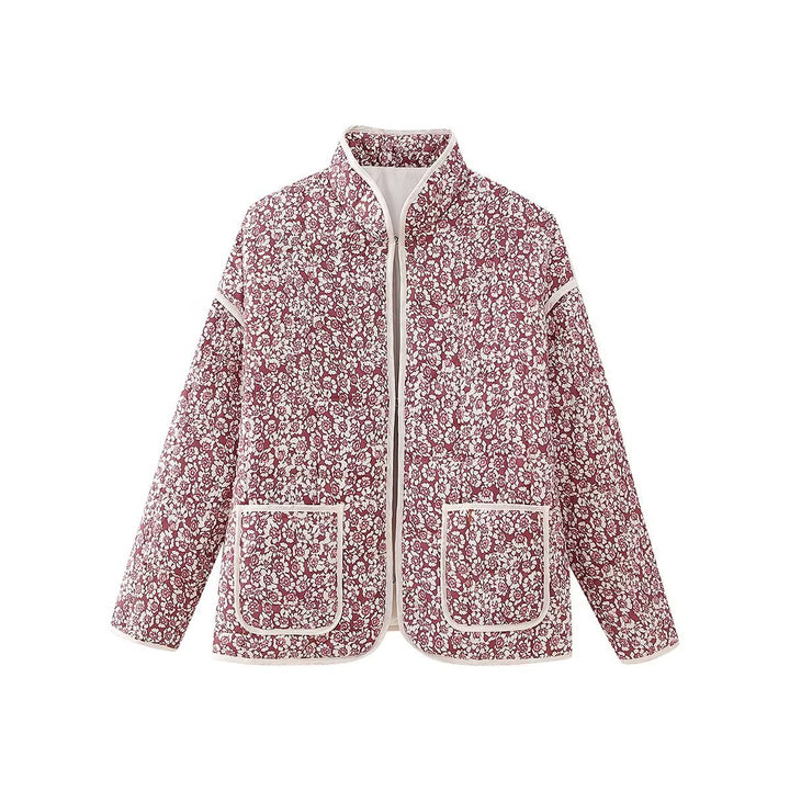 Women's nan quilted stand-up collar jacket with floral vertical print, patch pockets, and contrasting piping Mune Fashion