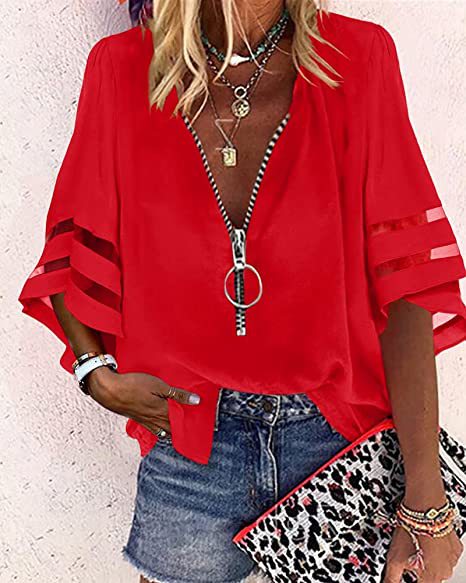 Women V-neck blouse with decorative ring zipper and cut-out sleeves Mune Fashion