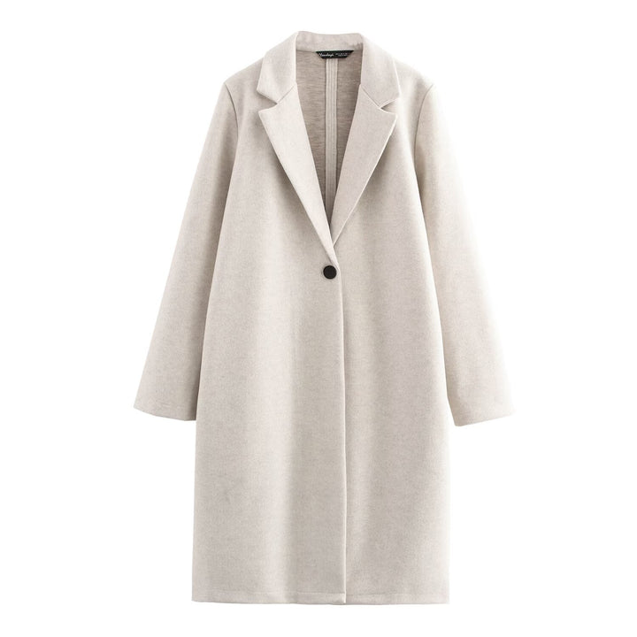 Ladies Purist longline coat with lapel collar, single button closure and soft felt finish Mune Fashion