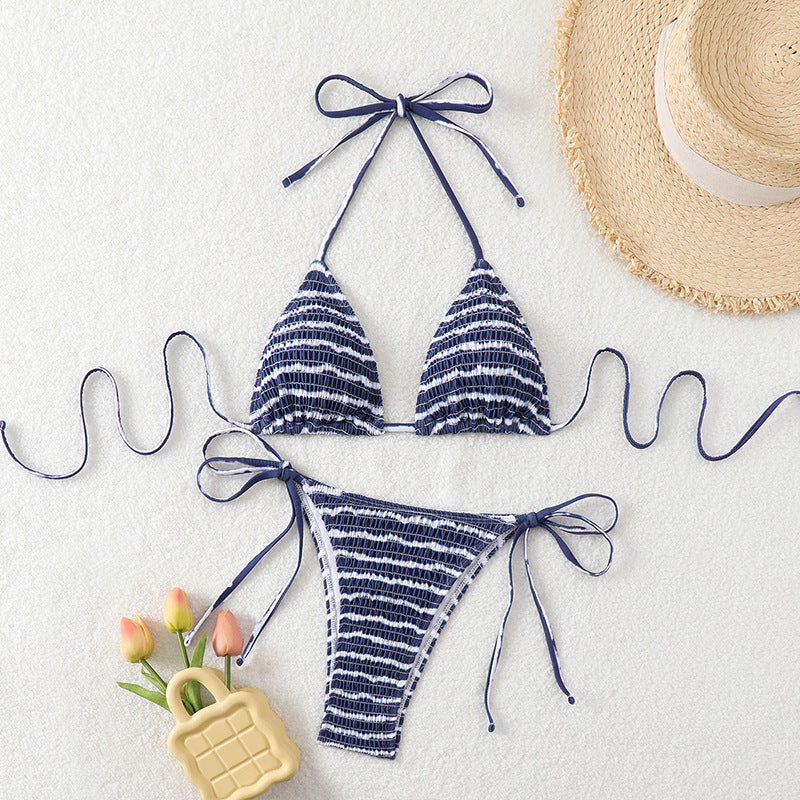 Women triangle bikini with fine stripe pattern and sophisticated tie straps Mune Fashion