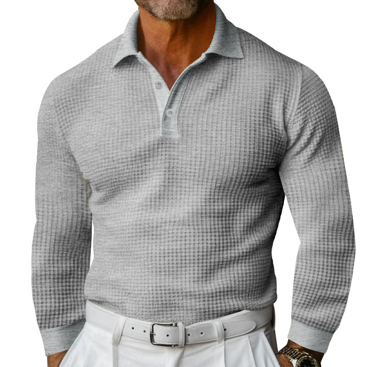 Men's Waffle Structure Polo Shirt with Long Sleeves, Slim Fit and Kent Collar Mune Fashion