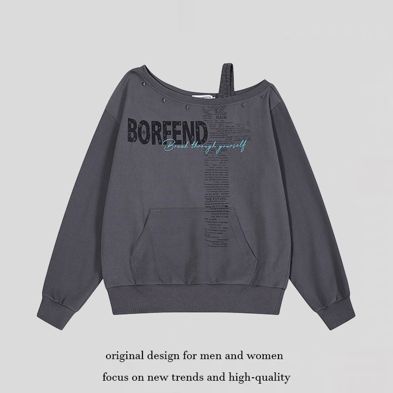 Women's Oversize Sweatshirt with Asymmetric One-Shoulder Strap, Kangaroo Pocket and Studs Mune Fashion