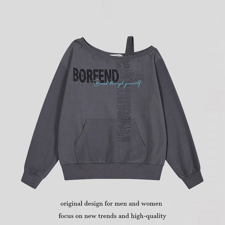 Women's Oversize Sweatshirt with Asymmetric One-Shoulder Strap, Kangaroo Pocket and Studs Mune Fashion