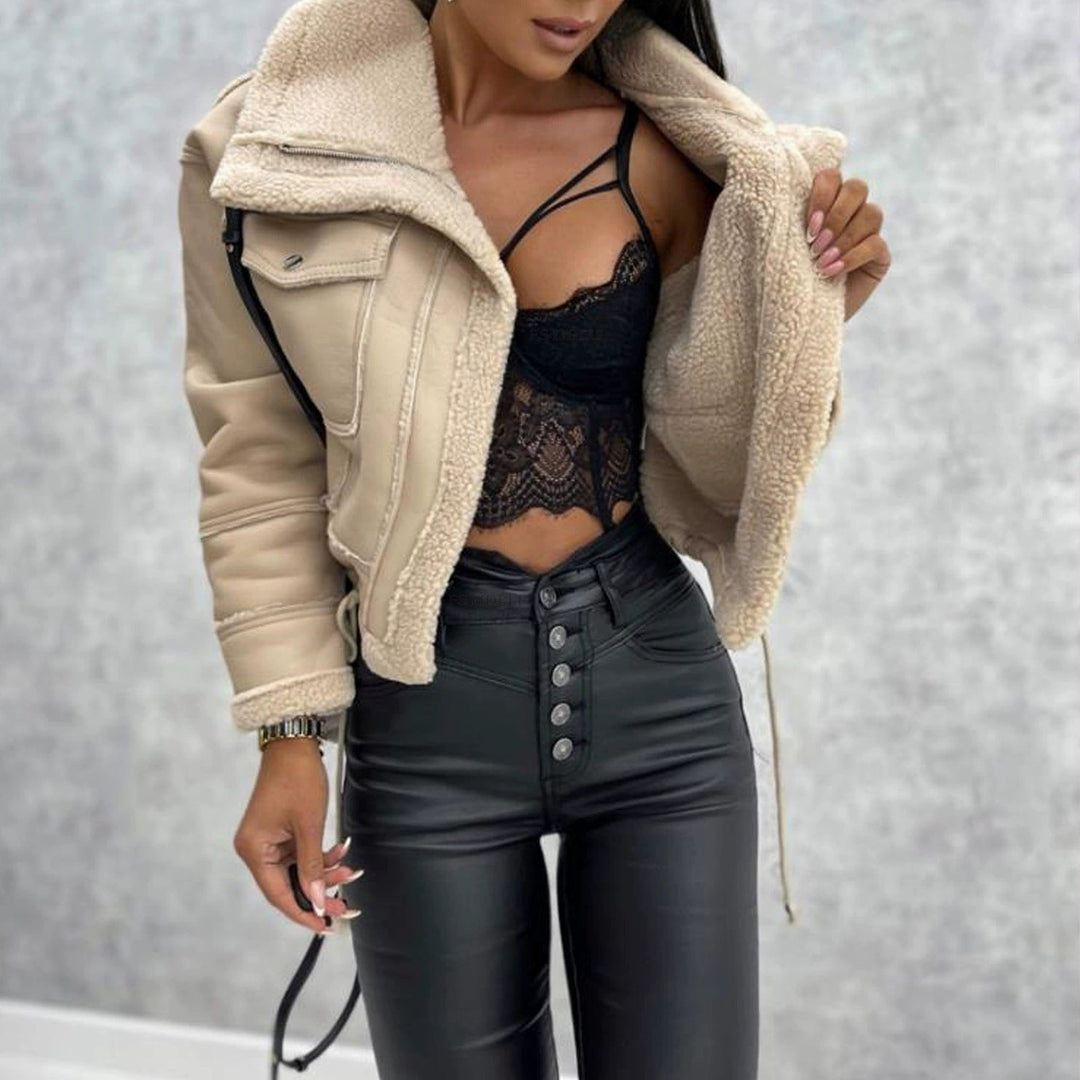 Women Cropped Biker Jacket Withshearling Mune