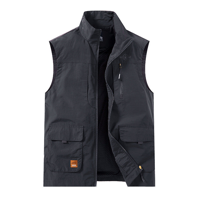 Men's Lightweight Utility Vest with Stand-Up Collar, Front Flap Pockets and Chest Zip Pocket Mune Fashion