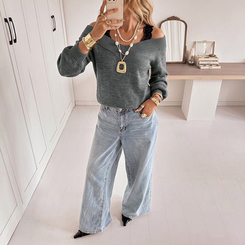 Women Elegant Off-Shoulder Sweater Mune Fashion