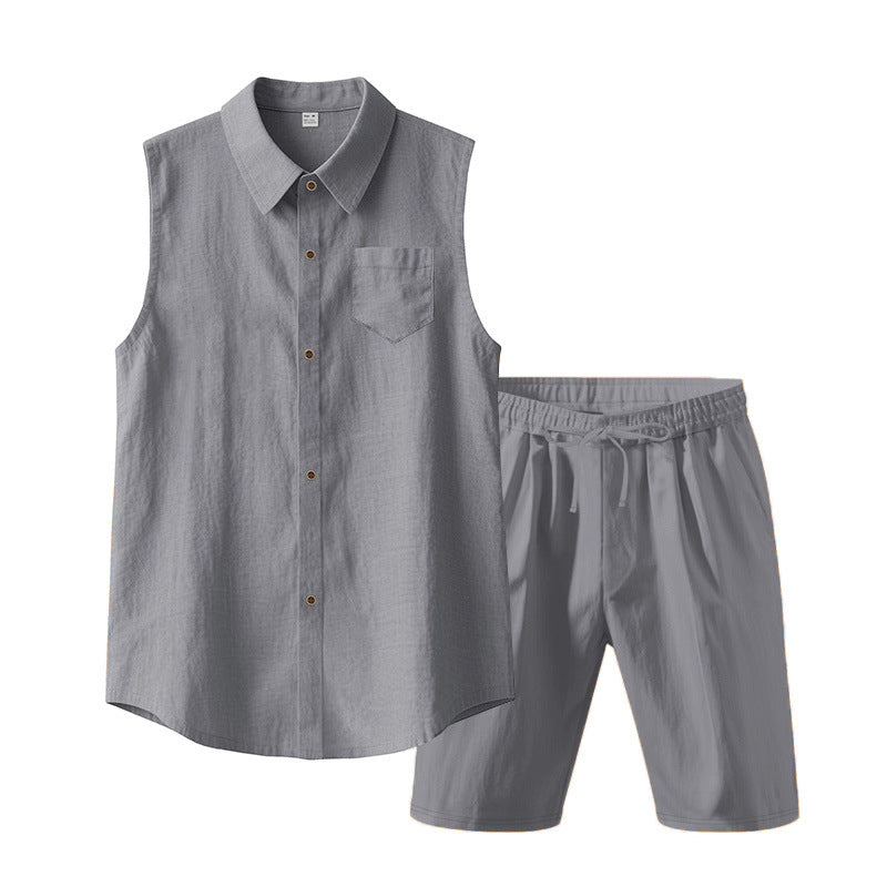 Men's sleeveless shirt and shorts set made of cotton-linen with kent collar and elastic drawstring waistband Mune Fashion
