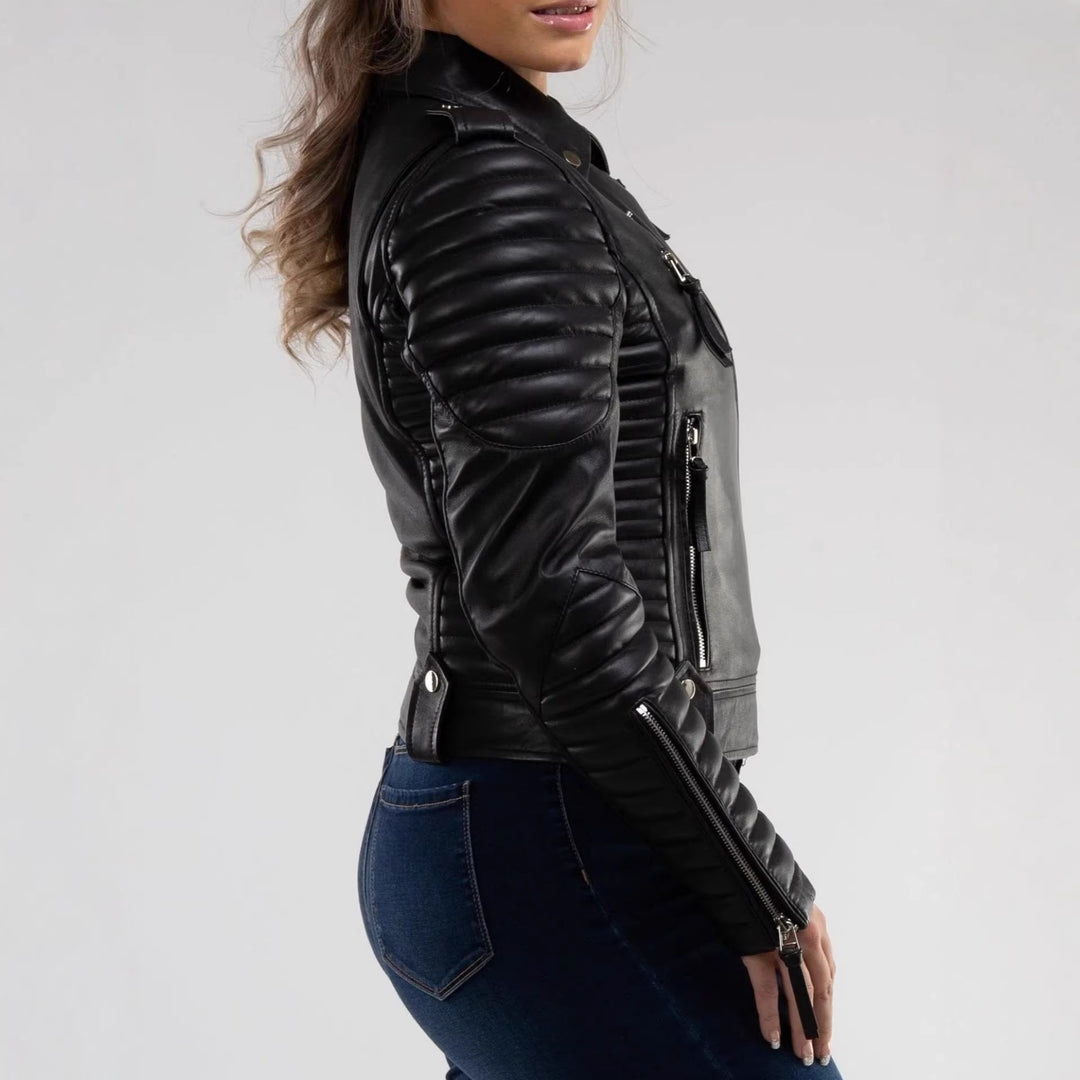 Women's Fashion Leather Biker Jacket with Quilted Details