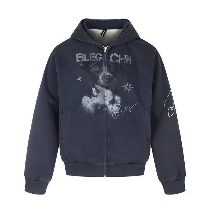 Unisex Short Cut Hooded Zip Jacket with Graphic Dog Print and Ribbed Hem Mune Fashion