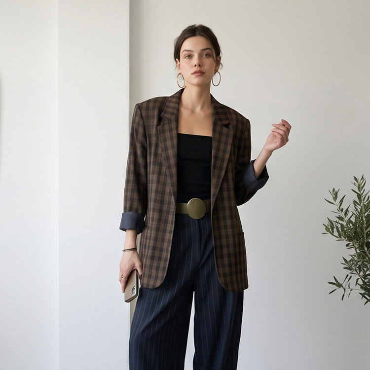 Women’s oversized check blazer with boxy silhouette and dropped shoulders Mune Fashion