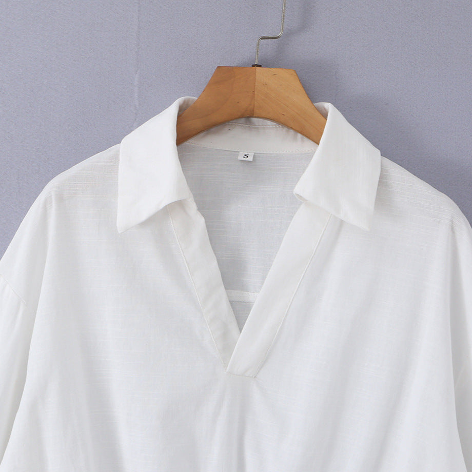 Women's loose cotton blouse with V-neck, shirt collar, and ruffled pointed hem Mune Fashion
