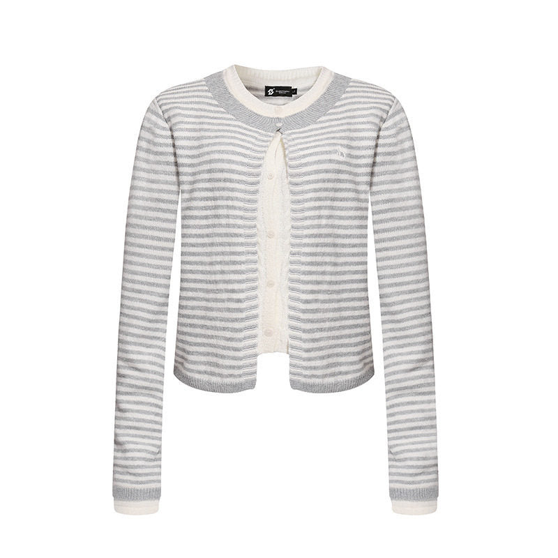 Women's Short Layered Cardigan with Round Neck and Fine Stripes Mune Fashion