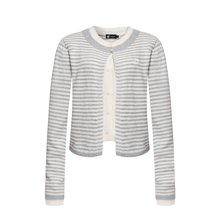 Women's Short Layered Cardigan with Round Neck and Fine Stripes Mune Fashion