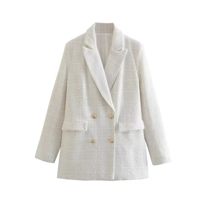 Women's Double-Breasted Boucle Tweed Blazer with Shawl Collar and Flap Pockets Mune Fashion