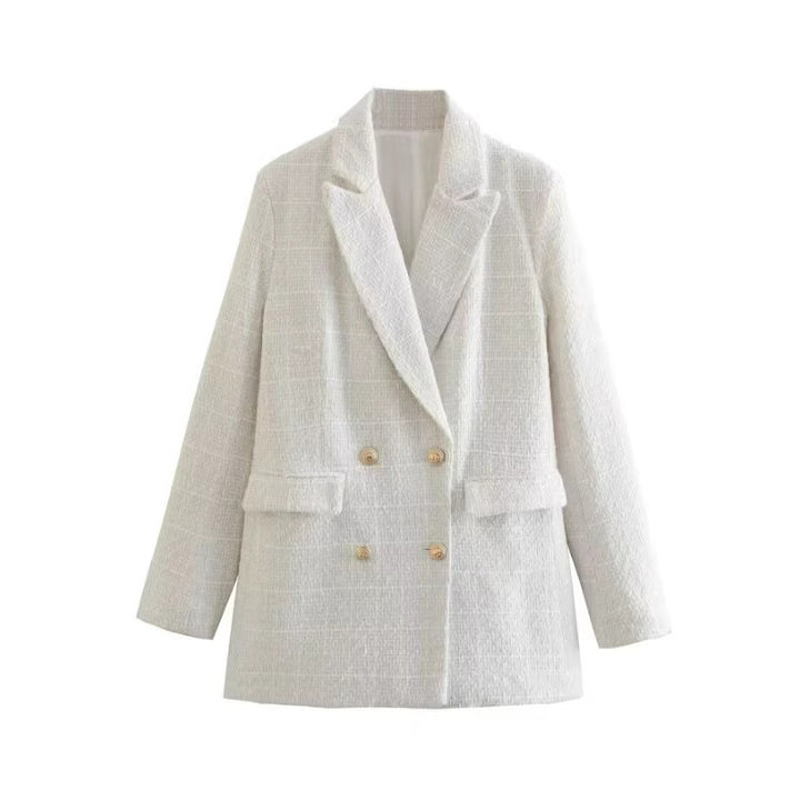 Women's Double-Breasted Boucle Tweed Blazer with Shawl Collar and Flap Pockets Mune Fashion