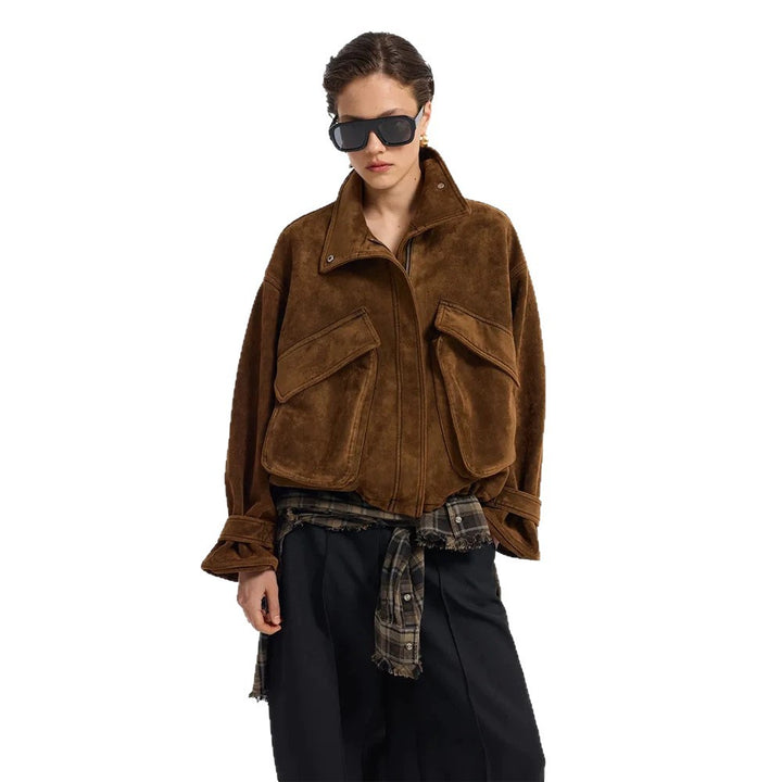 Ladies Oversize Suede Blouson with Large Flap Pockets and Stand-up Collar Mune Fashion