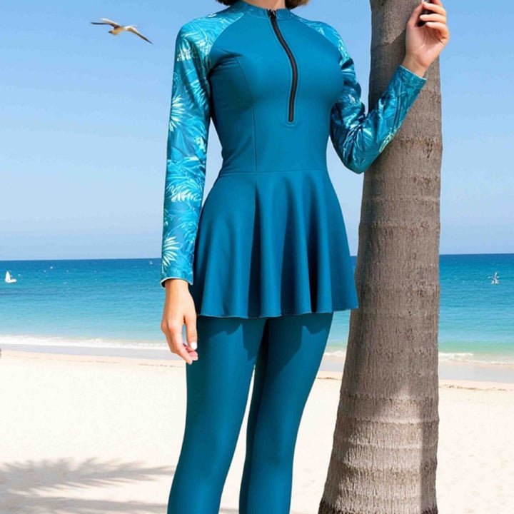 Women's Sporty Long Sleeve Swimsuit with Skirt Mune Fashion