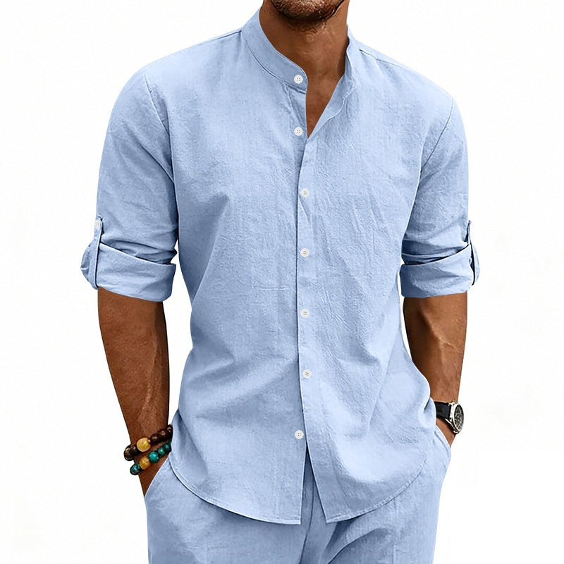 Men's Modern Linen Blend Shirt with Stand Collar, Roll-up Sleeves and Narrow Placket Mune Fashion