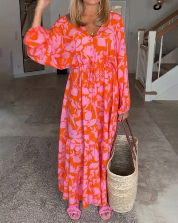 Ladies airy tiered maxi dress with V-neck tunnel waist and balloon sleeves Mune Fashion