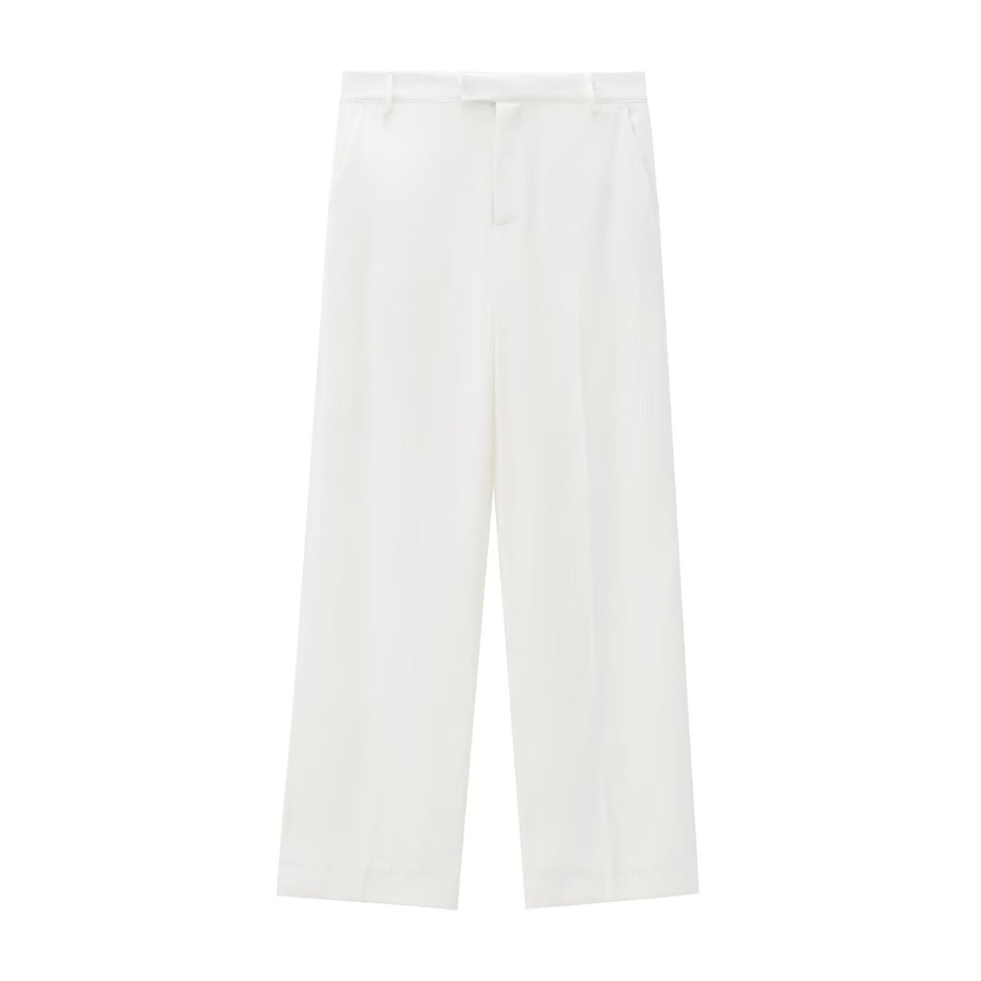 Ladies Elegant High-Waist Trousers with Creases, Straight Wide Leg and Concealed Hook Closure Mune Fashion