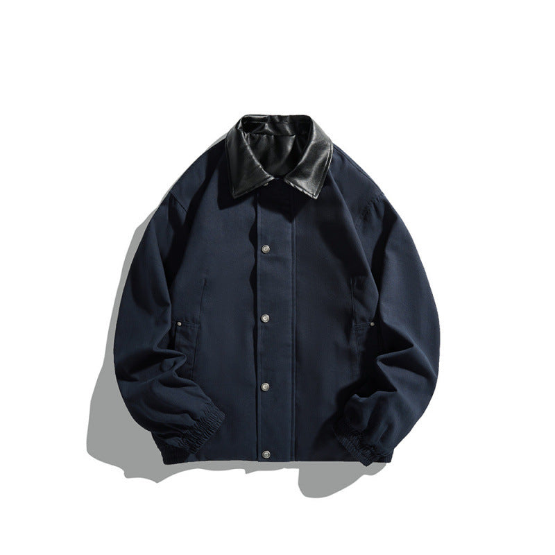 Men's short-cut blouson jacket with faux leather collar, snap button placket, and elastic cuffs Mune Fashion