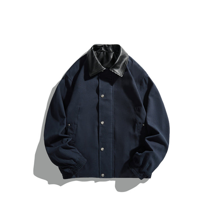 Men's short-cut blouson jacket with faux leather collar, snap button placket, and elastic cuffs Mune Fashion