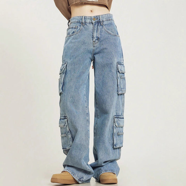 Women's Loose Cargo Denim Jeans with Multiple Flap Pockets and Relaxed Fit Mune Fashion