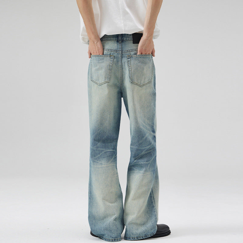 Men's Low-Rise Flowing Denim Flared Pants with Extended Hem and Used Finish Mune Fashion