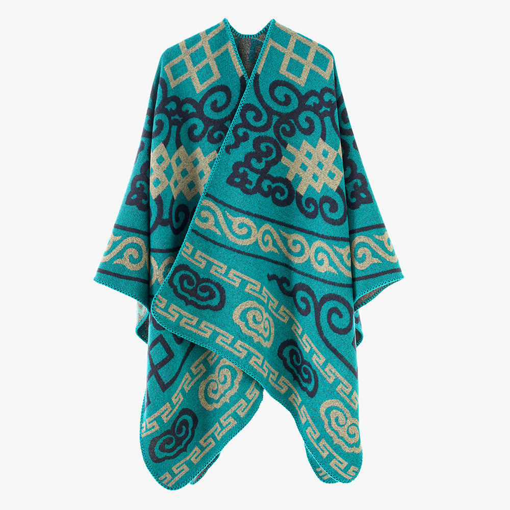 Women's jacquard wrap in ruana style with ornamental weaving structure Mune Fashion