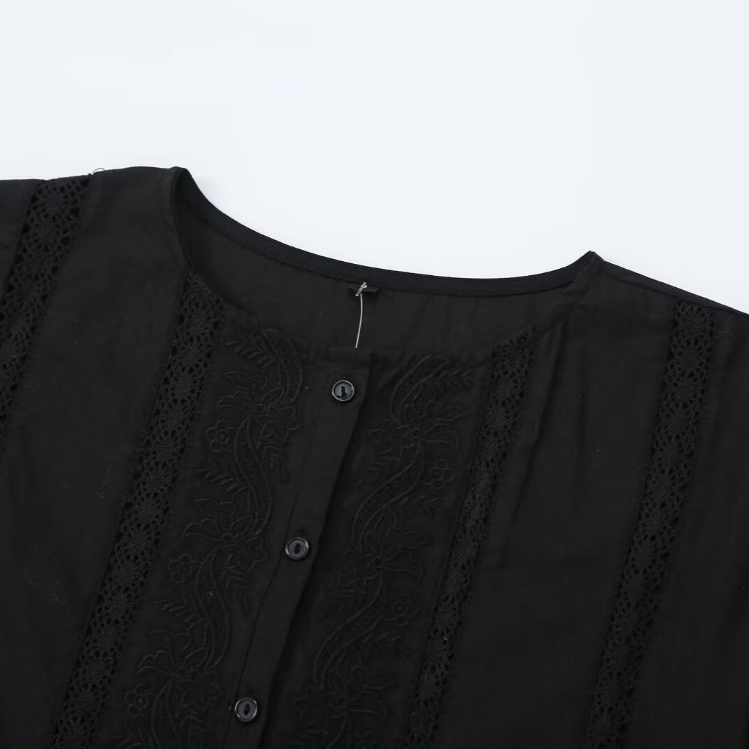 Women's Lace Trim Blouse Tunic with Button Placket and Balloon Sleeves Mune Fashion