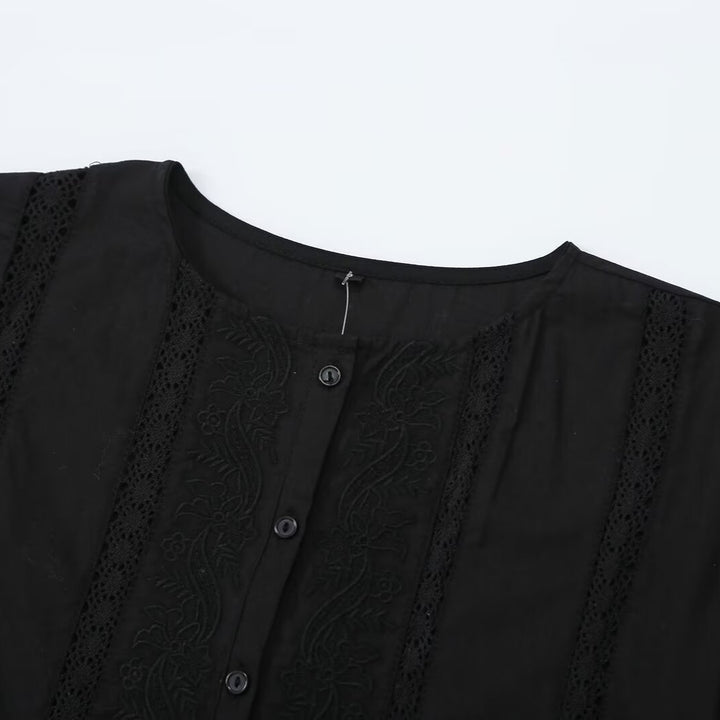 Women's Lace Trim Blouse Tunic with Button Placket and Balloon Sleeves Mune Fashion