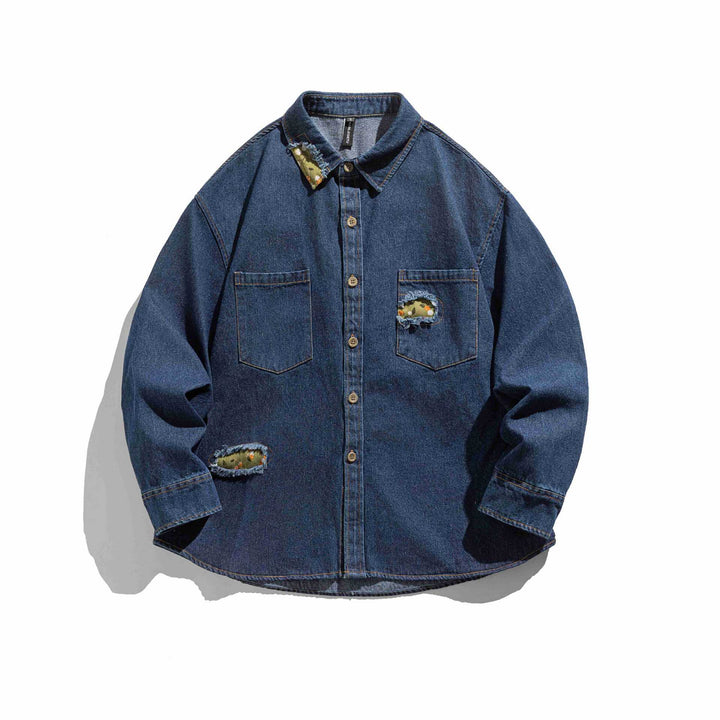 Men's Oversized Denim Shirt Jacket with Used Effects and Camouflage Patches Mune Fashion