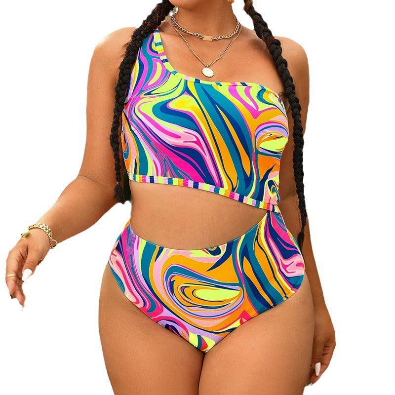 Ladies Asymmetrical Bikini Set with Colorful Marble Pattern Mune Fashion