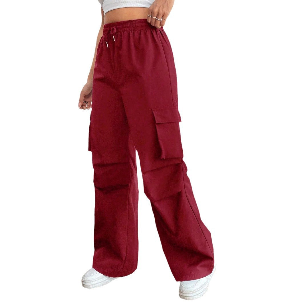 Women's Wide High-Waist Cargo Pants with Elastic Waistband and Large Flap Pockets Mune Fashion