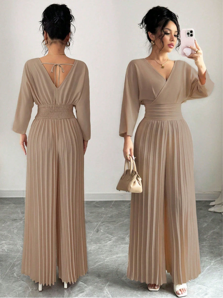 Women Elegant Pleated Jumpsuit with V-Neck Mune Fashion