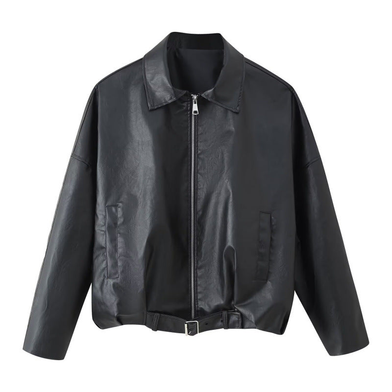 Unisex Oversize Faux Leather Jacket with Zip Shirt Collar and Waist Belt Mune Fashion