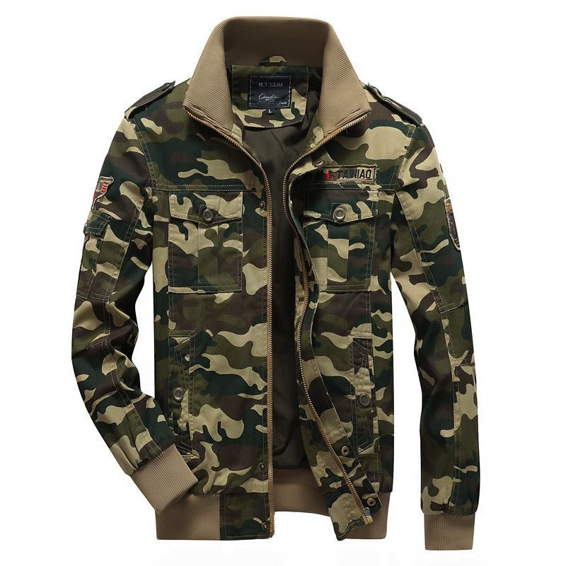 Men's Camo Utility Bomber Jacket with Stand-Up Collar, Multiple Pockets and Ribbed Cuffs Mune Fashion