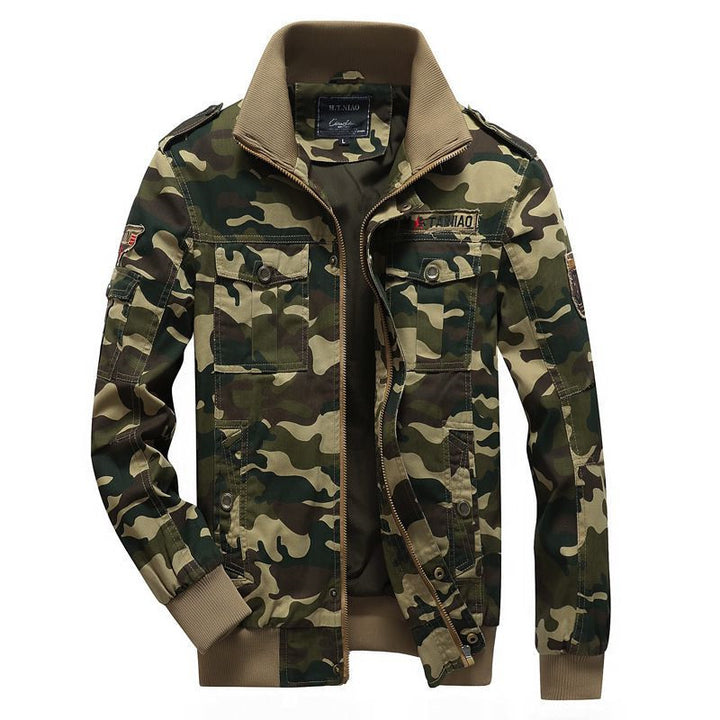 Men's Camo Utility Bomber Jacket with Stand-Up Collar, Multiple Pockets and Ribbed Cuffs Mune Fashion