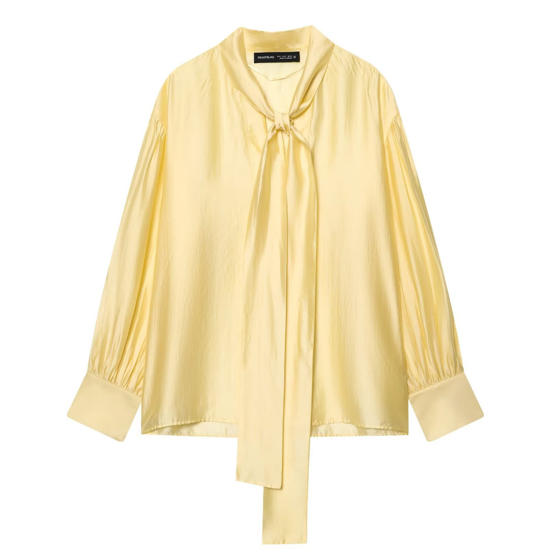 Women's Silky Blouse with Tying Scarf and Balloon Sleeves Mune Fashion