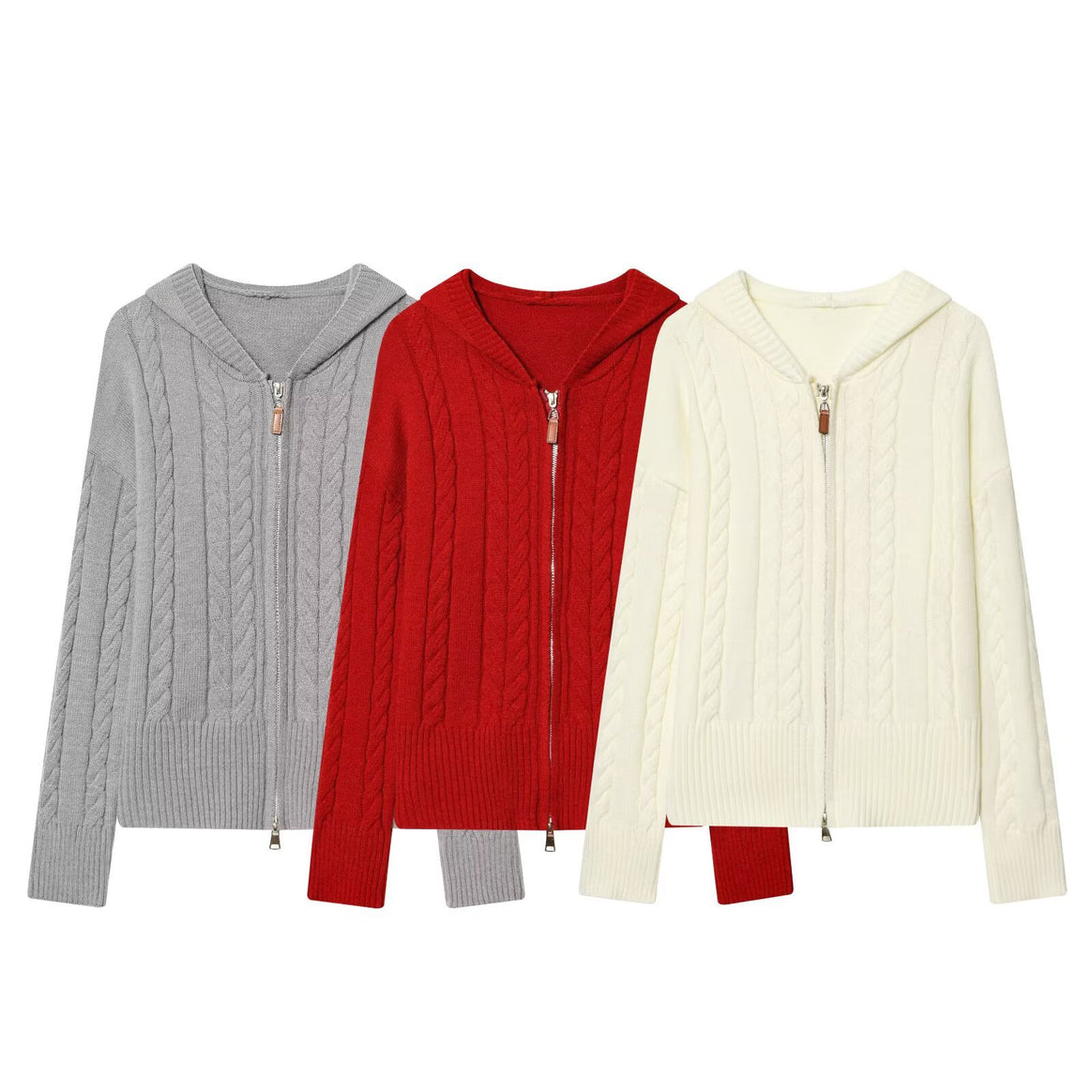Ladies hooded cardigan with cable knit pattern and metal zipper Mune Fashion