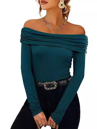 Women's Figure-hugging Off-shoulder Long Sleeve Fine Knit Shirt with Bardot Neckline