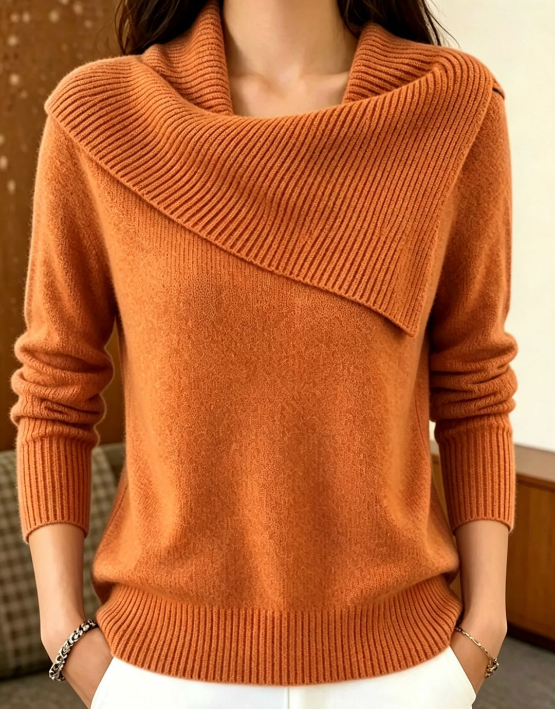 Women Oversized Turtleneck Sweater with Asymmetric Shawl Collar Mune Fashion