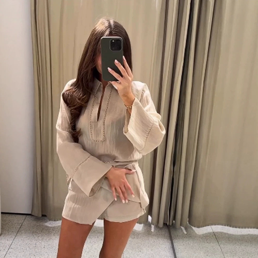 Ladies Lightweight Crinkle Two-Piece with Oversized Shirt and Wrap Mini Skirt Mune Fashion