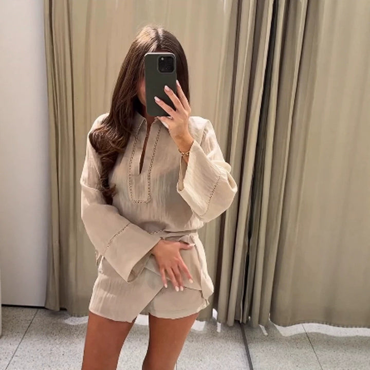 Ladies Lightweight Crinkle Two-Piece with Oversized Shirt and Wrap Mini Skirt Mune Fashion