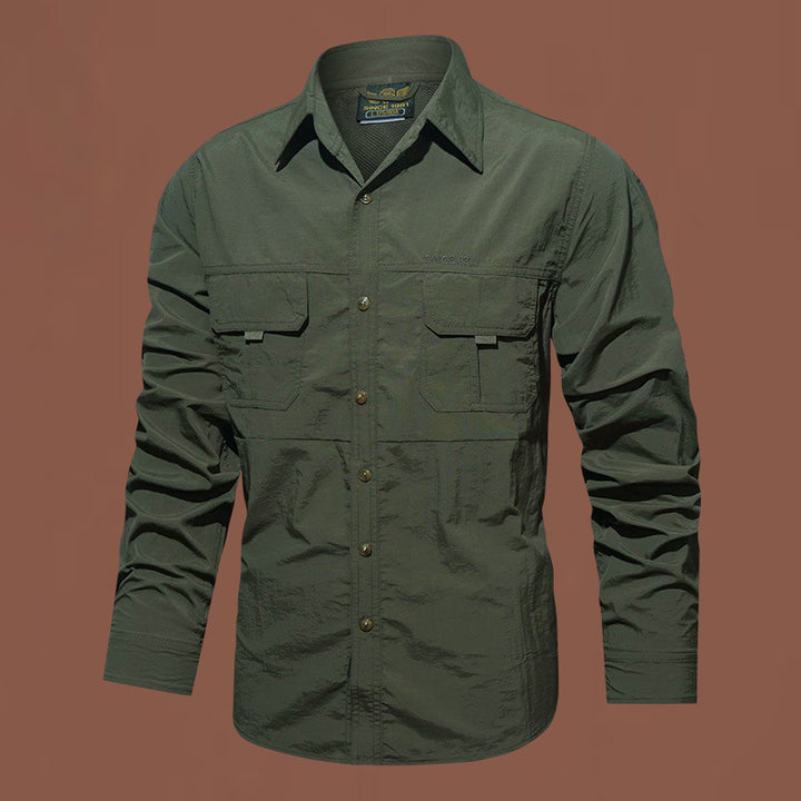 Men's lightweight functional long-sleeve utility shirt with patch chest pockets and breathable nylon blend.