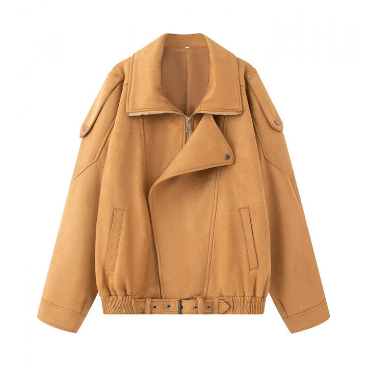 Women Oversize Bomber Jacket with Wide Lapel Collar, Waist Belt and Shoulder Epaulettes Mune Fashion