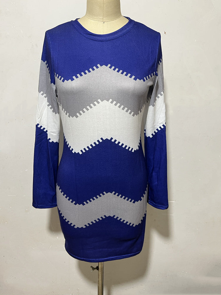 Women's long sleeve knit dress with chevron pattern, straight hem, and body-flattering fit Mune Fashion