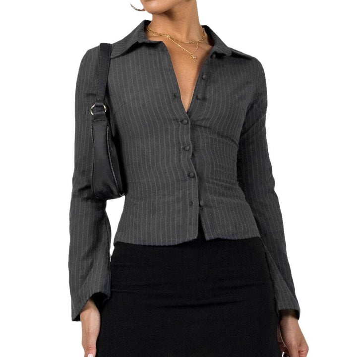 Women's Fitted Striped Shirt with Classic Collar Mune