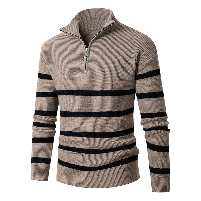 Men's Maritime Stripe Mockneck Pullover with Half Zip and Ribbed Fine Knit Mune Fashion